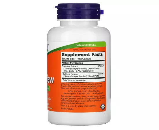 Now Foods, Feverfew (kopretina řimbaba), 100 rostlinných kapslí_slozeni